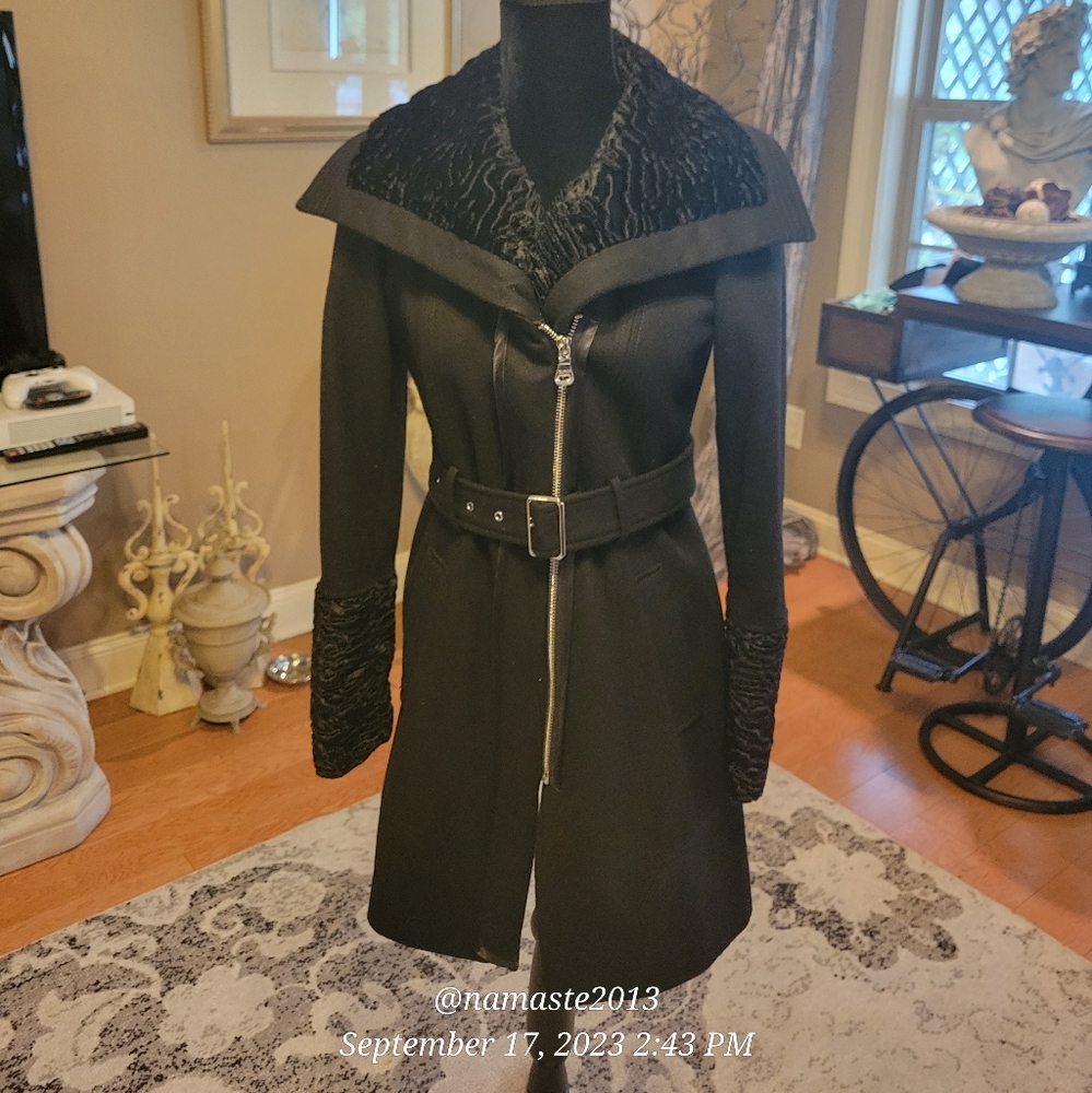 Guess Wool Blend Pea Coat Faux Fur Trim Belted Lined Black Designer Winter #508